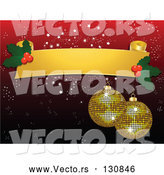 Vector of Two Sparkling Yellow Mirror Disco Ball Christmas Ornaments Hanging from a Blank Yellow Scroll with Holly over a Red Snowflake Background by Elaineitalia