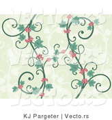 Vector of Two Unique Green Vines with Leaves and Red Berries over Pale Green Background with Silhouetted White Vines by KJ Pargeter