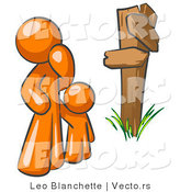 Vector of Uncertain Orange Guy and Child Standing at a Wooden Post, Trying to Decide Which Direction to Go at a Crossroads by Leo Blanchette