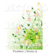 Vector of Vines, Flowers and Butterflies over a Gradient Green Background by Pushkin