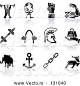 Vector of Weigh Tlifter, Guy Holding Globe, Muscles, Weights, Helmet, Elephant, Anchor, Deer, and Links by AtStockIllustration