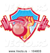 Vector of Weightlifter Hand with a Barbell and Kettlebell Emerging from a Ray Shield by Patrimonio
