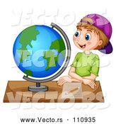 Vector of White School Boy Sitting at a Desk and Looking at a Globe by