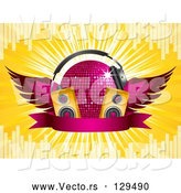 Vector of Winged Pink Purple Disco Ball with Headphones, Speakers and a Banner, on a Yellow Bursting Background with Equalizer Bars by Elaineitalia