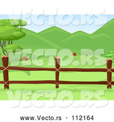 Vector of Wooden Farm Pasture Fence with Lush Green Hills in the Background by BNP Design Studio