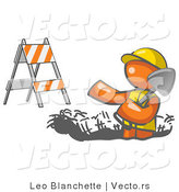 Vector of Working Orange Guy Wearing a Vest and Hardhat Standing in a Hole While Digging with a Shovel in a Construction Zone by Leo Blanchette