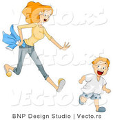 Vector of Worried Cartoon Mom Chasing After Her Running Son by BNP Design Studio