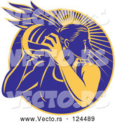 Vector of Yellow and Blue Female Netball Player over Rays by Patrimonio