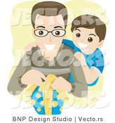 Vector of Young Boy Watching His Dad Open a Wrapped Present by BNP Design Studio