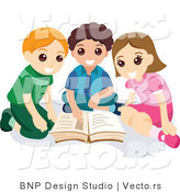 Vector of Young Girl and Two Boys Reading School Book Together by BNP Design Studio