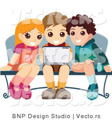 Vector of Young Girl and Two Boys Using a Laptop Computer at a Bench by BNP Design Studio