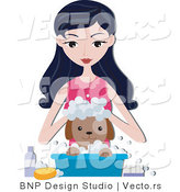 Vector of Young Girl Bathing Her Puppy in a Small Bin by BNP Design Studio