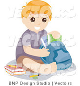 Vector of Young School Boy Sitting with Books and Backpack by BNP Design Studio