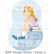 Vector of Young School Girl Sitting by Herself with Books on Stairs While Waiting by BNP Design Studio