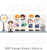 Vector of Young School Kids Waiting at a Bus Stop by BNP Design Studio