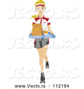 Vector of Young White Female Food Worker Wearing Roller Skates with Food at a Drive in by BNP Design Studio