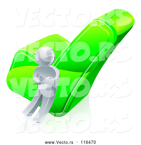 3d Vector of 3d Silver Guy Leaning Against a Green Check Mark