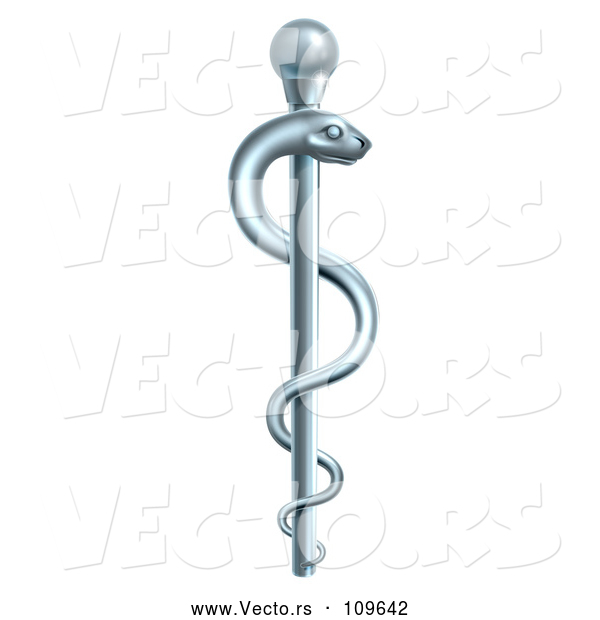3d Vector of 3d Silver Metal Medical Rod of Asclepius with a Snake