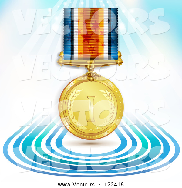 3d Vector of 3d Sports Achievement Gold First Place Award Medal on a Ribbon over Blue Lines and Rays