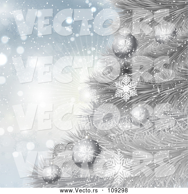 3d Vector of Christmas Background of 3d Baubles on a Silver Tree over Snowflakes and a Burst