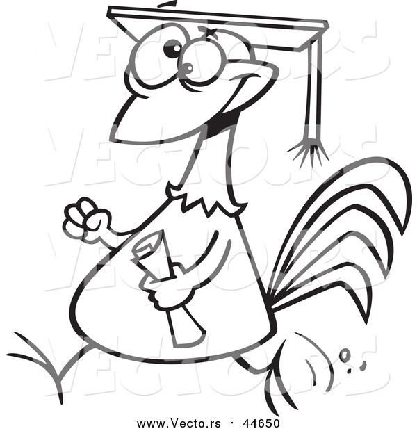 Cartoon Clip Art of a Chicken Graduate with a Cap and Diploma - Black Outline