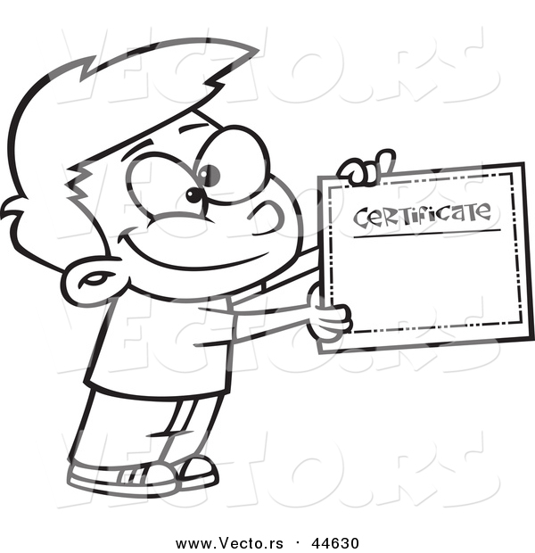 Cartoon Clip Art of a Proud School Boy with a Certificate - Black Outline