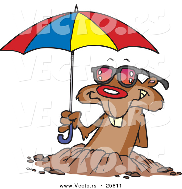 Cartoon of a Groundhog Emerging with Shades and an Umbrella