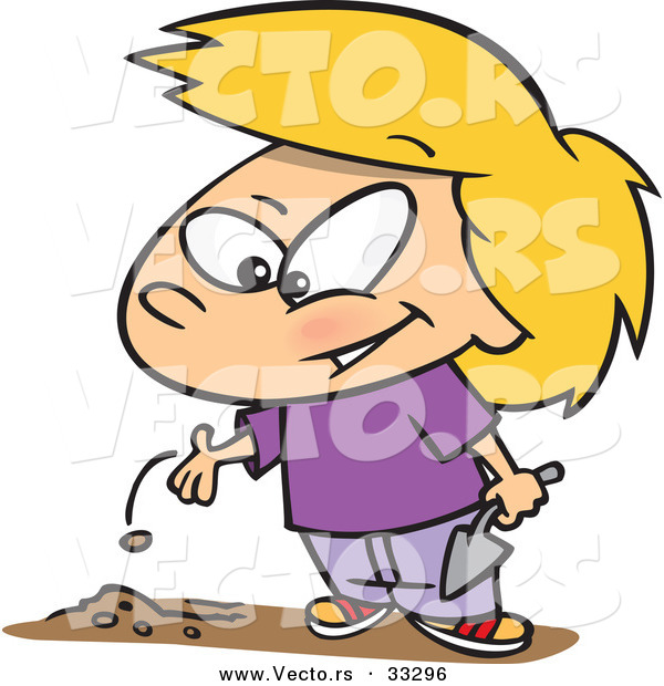 Cartoon of a Happy Girl Planting a Seed in Garden Soil