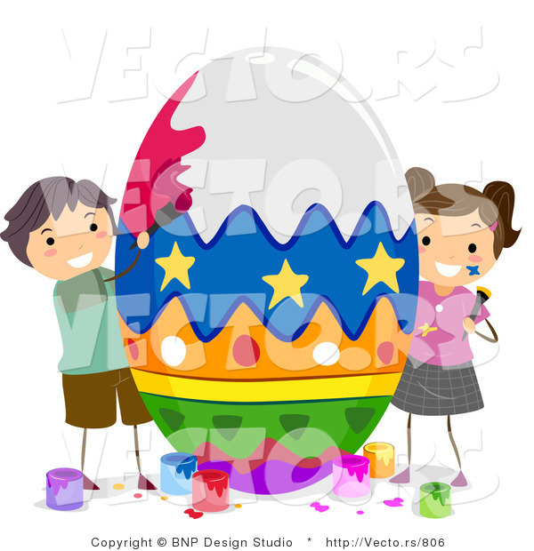 Cartoon Vector of 2 Children Painting a Huge Easter Egg