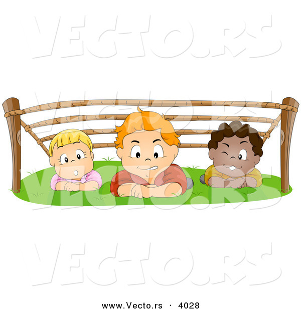 Cartoon Vector of 3 Children Crawling Under Ropes - Boot Camp Training for Kids