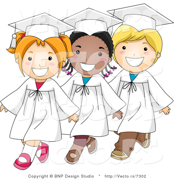 Cartoon Vector of 3 Diverse Graduate Kids Walking in Single File Line with Big Smiles