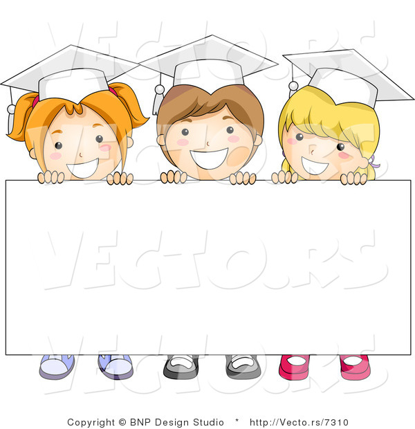 Cartoon Vector of 3 Graduating Kids Standing Behind Blank Sign with Big Smiles
