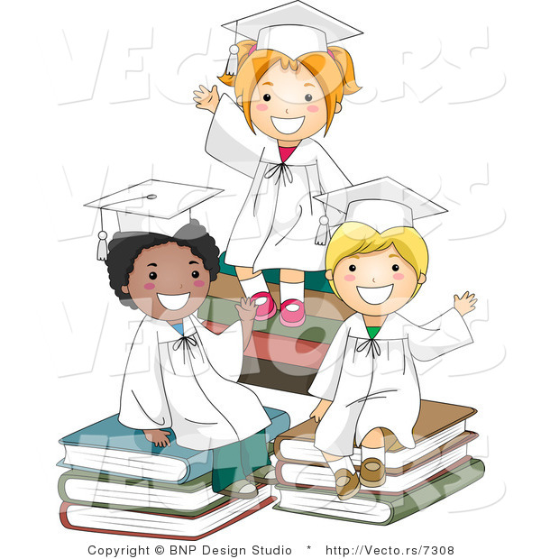 Cartoon Vector of 3 Graduating Kids Waving Goodbye While Sitting on Books