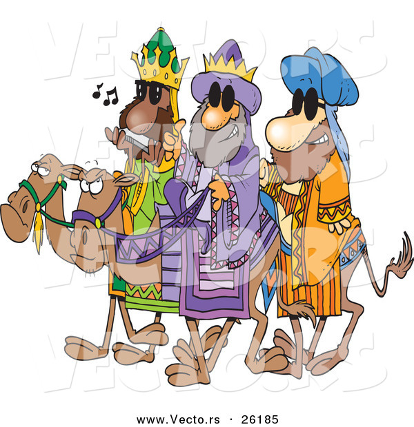 Cartoon Vector of a 3 Wise Men Wearing Shades and Riding Camels