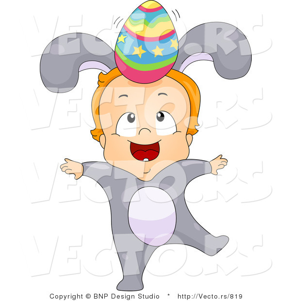 Cartoon Vector of a Baby Boy Wearing Bunny Costume While Balancing an Easter Egg on His Head