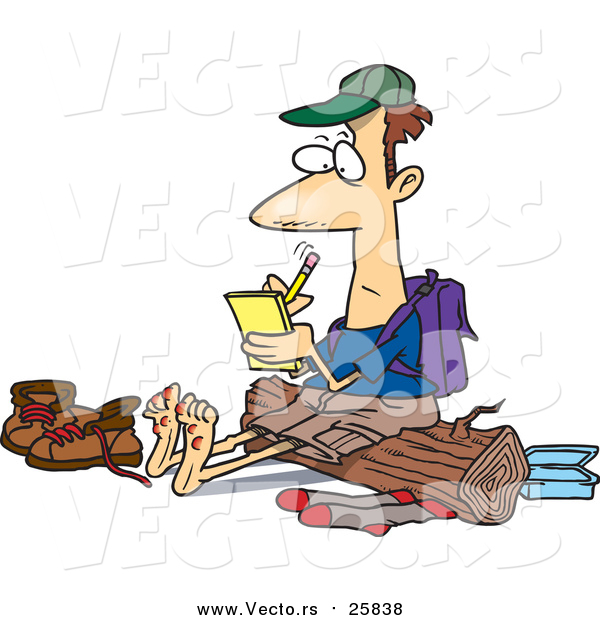 Cartoon Vector of a Barefoot Hiker with Blisters on His Feet, Writing in His Journal