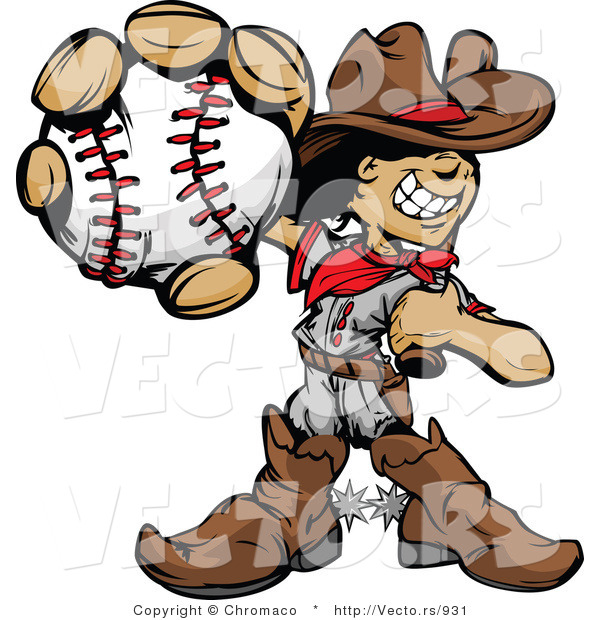 Cartoon Vector of a Baseball Cowboy Kid Mascot with Ball and Bat