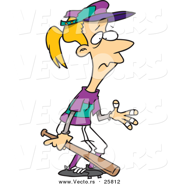 Cartoon Vector of a Baseball Girl with Bandages over Her Blistered Fingers