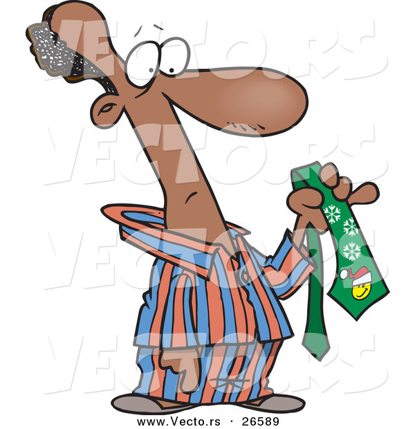 Cartoon Vector of a Black Man Wearing Pajamas and Holding an Ugly Christmas Tie