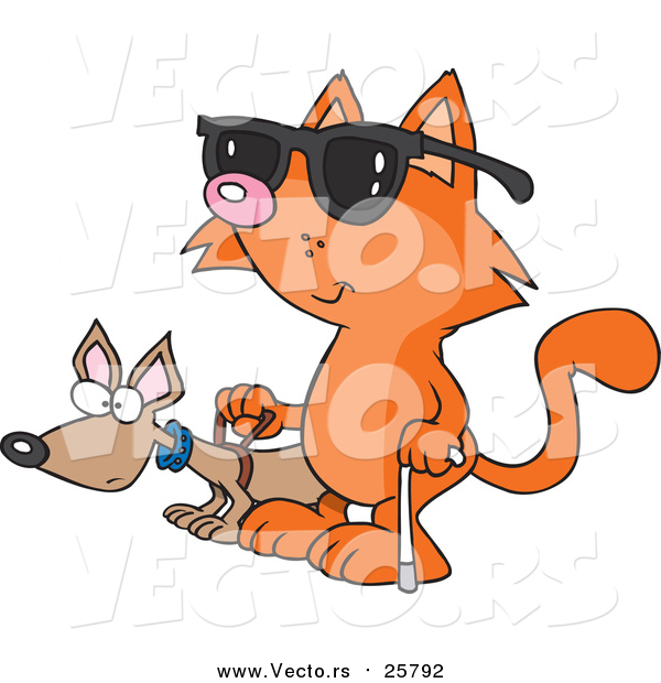 Cartoon Vector of a Blind Cat Using an Assistance Dog