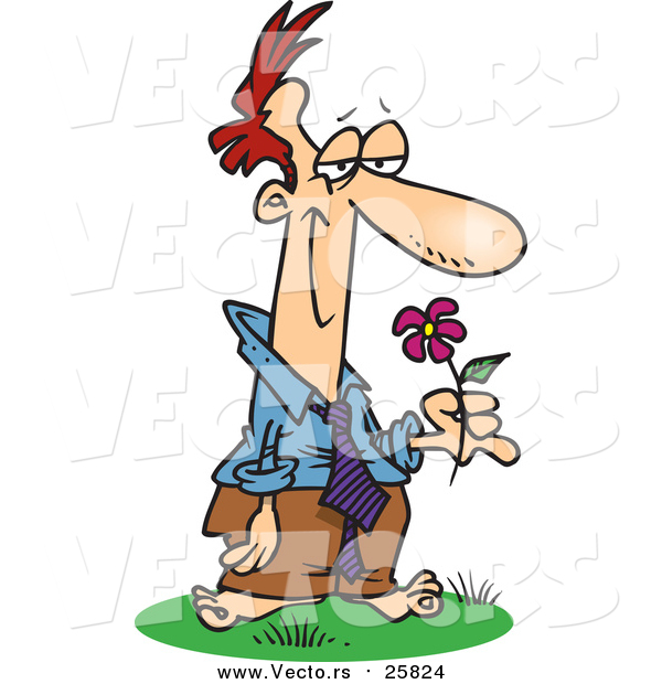 Cartoon Vector of a Blissful Man Standing Barefoot and Holding a Flower