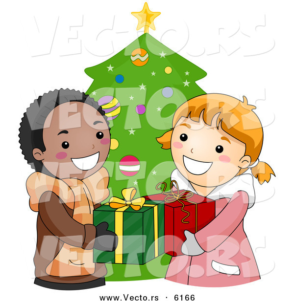 Cartoon Vector of a Boy and Girl Exchanging Gifts on Christmas