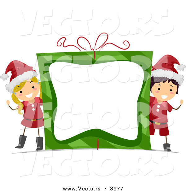 Cartoon Vector of a Boy and Girl Waving Around a Gift Frame with Blank Copyspace on Christmas