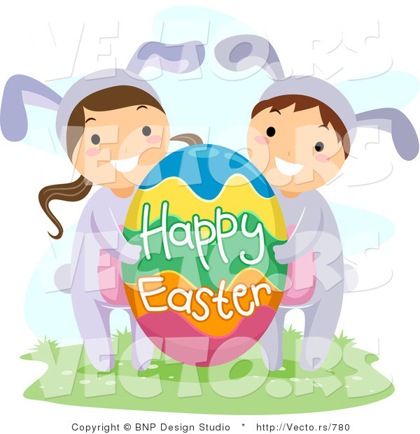 Cartoon Vector of a Boy and Girl with Big Happy Easter Egg