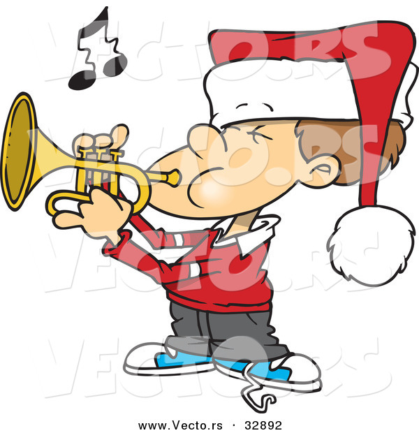 Cartoon Vector of a Boy Playing Christmas Tunes with Trumpet