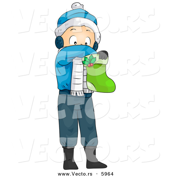 Cartoon Vector of a Boy Reaching in a Stocking on Christmas