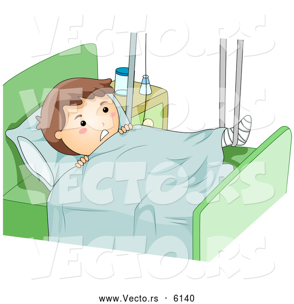 Cartoon Vector of a Boy with a Broken Leg Propped up in a Hospital Bed