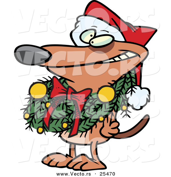 Cartoon Vector of a Brown Dog Wearing Santa Hat and Grinning with Christmas Wreath Around His Neck