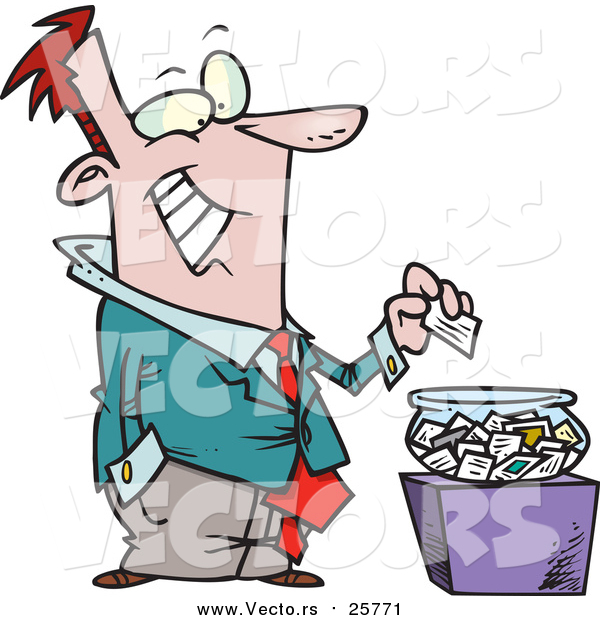 Cartoon Vector of a Business Man Putting His Card into a Bowl for a Drawing