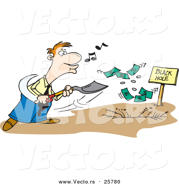 Cartoon Vector of a Business Man Whistling and Burying Money in a Black Hole
